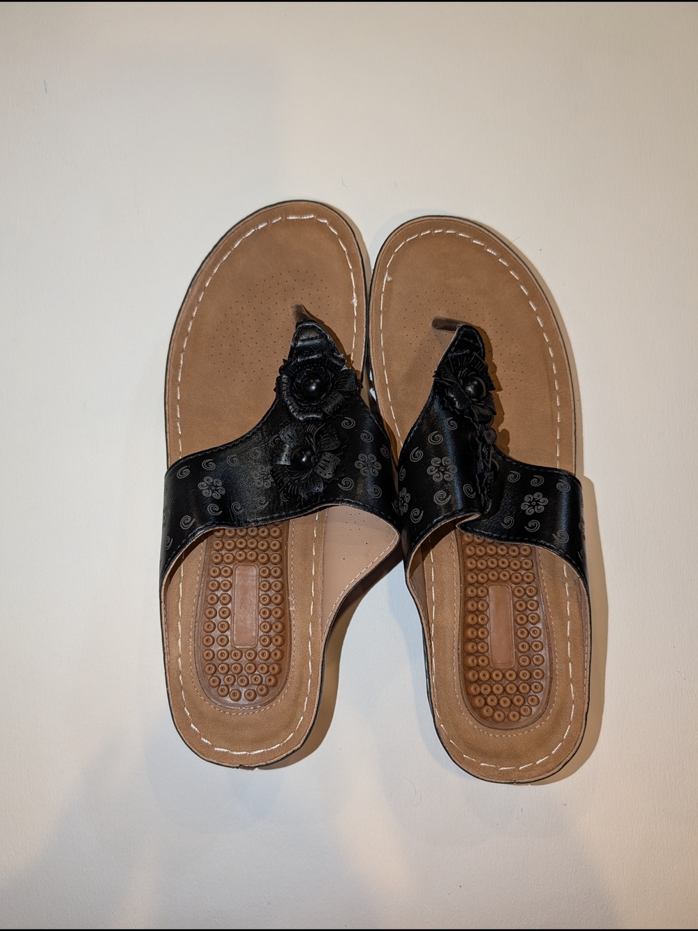 Black Floral Leather Slide Sandals - Women's Comfort Sandals
